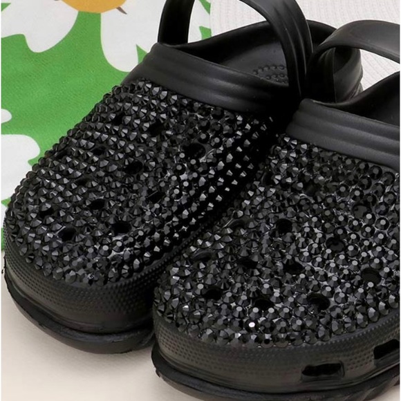 Black Bling Rhinestone Crystal Slip On Croclike Slides Rubber Clogs Shoes - Picture 2 of 4